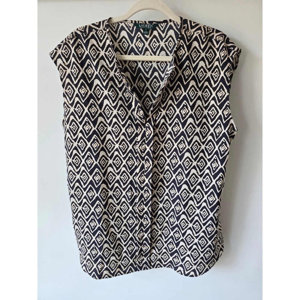Lauren Ralph Lauren Navy White Geometric Ikat Sleeveless V-Neck Blouse XL